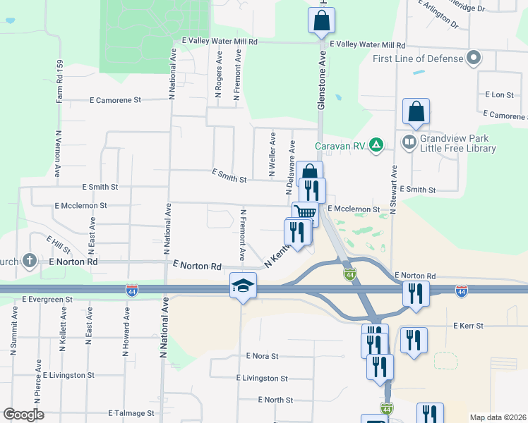 map of restaurants, bars, coffee shops, grocery stores, and more near 1438 East Mcclernon Street in Springfield