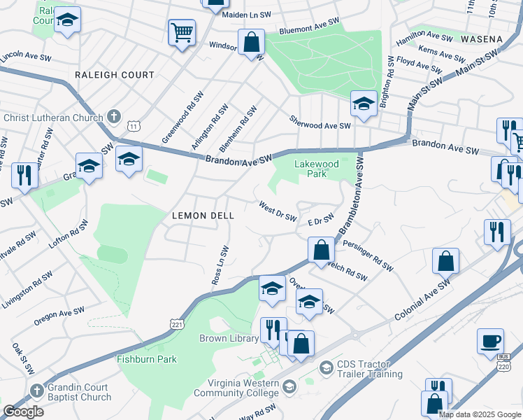 map of restaurants, bars, coffee shops, grocery stores, and more near 1424 West Drive Southwest in Roanoke