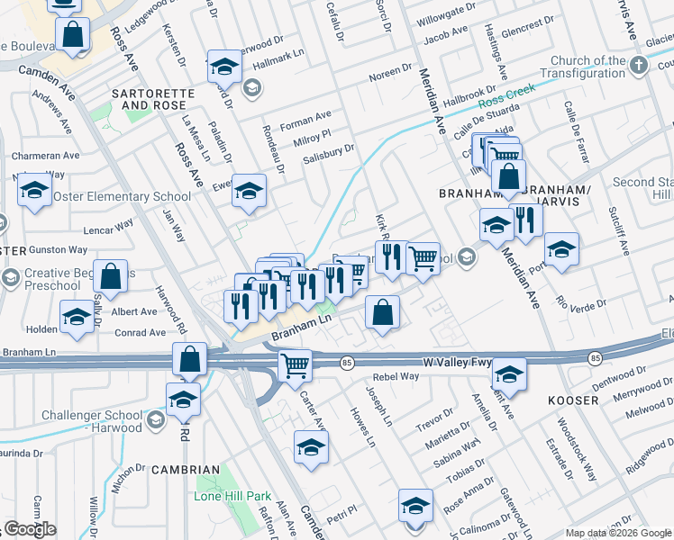 map of restaurants, bars, coffee shops, grocery stores, and more near 1677 Klipspringer Drive in San Jose