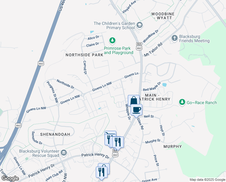 map of restaurants, bars, coffee shops, grocery stores, and more near 1805 Whipple Drive in Blacksburg