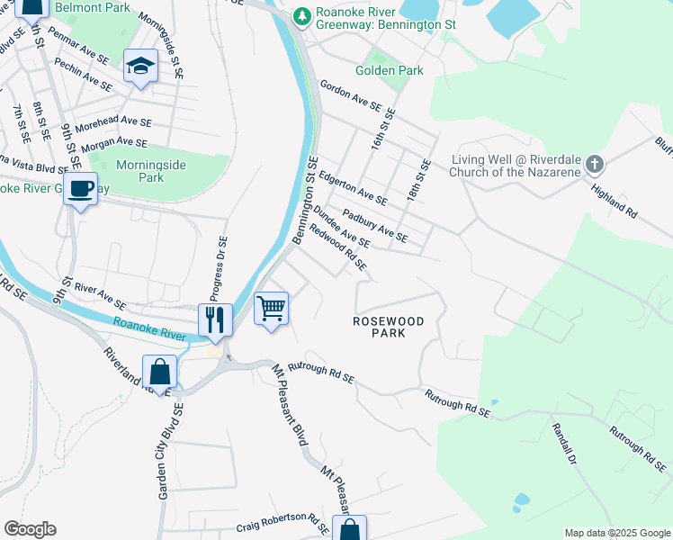 map of restaurants, bars, coffee shops, grocery stores, and more near 1630 Riverside Terrace Southeast in Roanoke