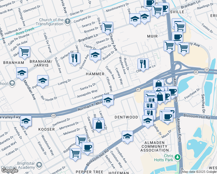 map of restaurants, bars, coffee shops, grocery stores, and more near 5077 Tifton Way in San Jose