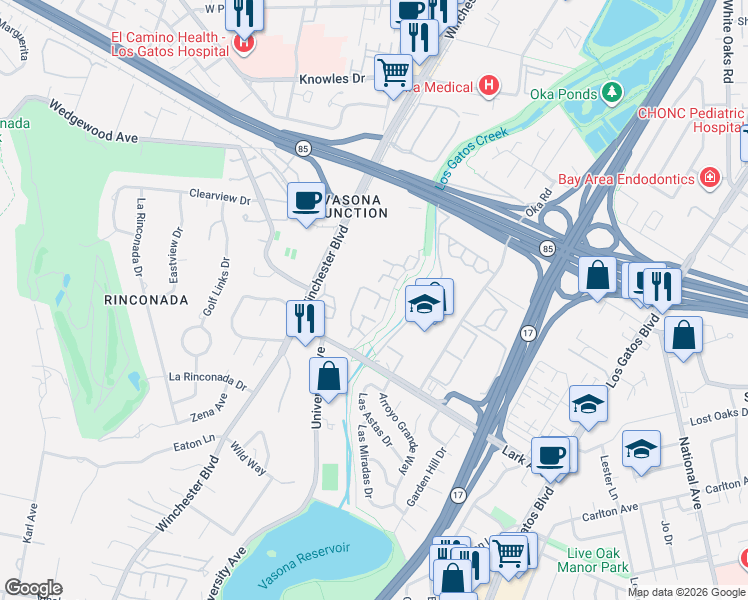 map of restaurants, bars, coffee shops, grocery stores, and more near 100 Walnut Hill Court in Los Gatos