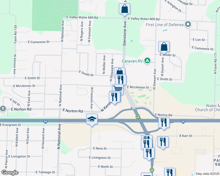 map of restaurants, bars, coffee shops, grocery stores, and more near 1514 East Mcclernon Street in Springfield