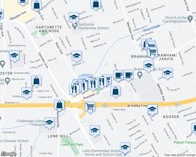 map of restaurants, bars, coffee shops, grocery stores, and more near 1680 Tupolo Drive in San Jose