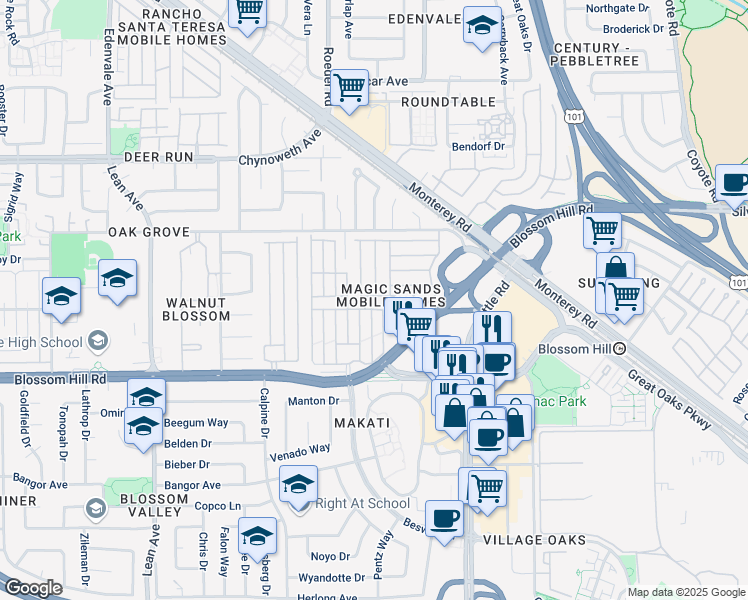 map of restaurants, bars, coffee shops, grocery stores, and more near 165 Blossom Hill Road in San Jose