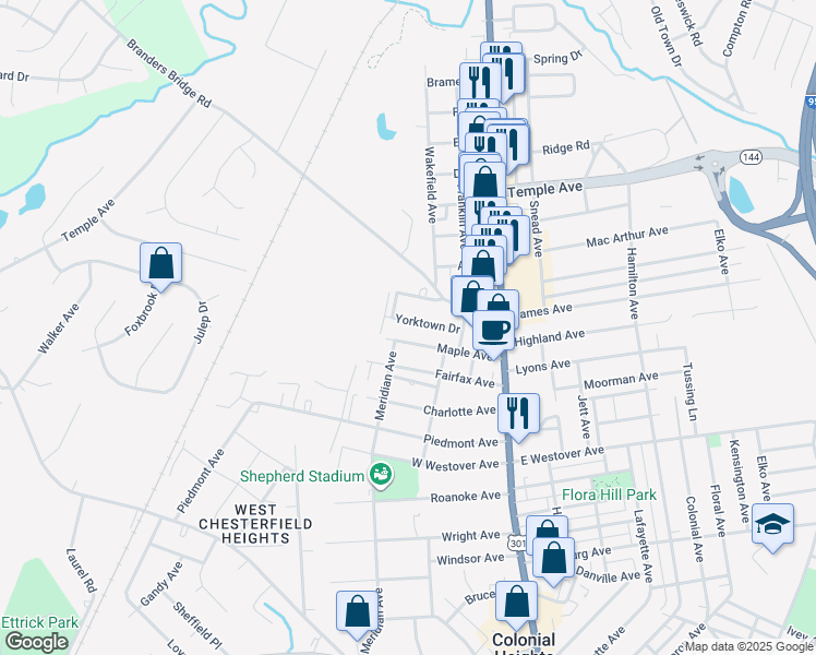 map of restaurants, bars, coffee shops, grocery stores, and more near 319 Yorktown Drive in Colonial Heights