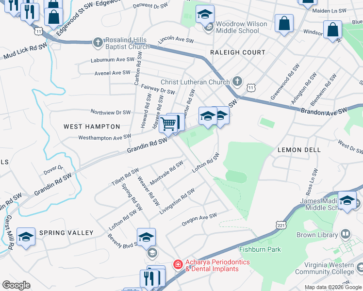 map of restaurants, bars, coffee shops, grocery stores, and more near 2424 Guilford Avenue Southwest in Roanoke