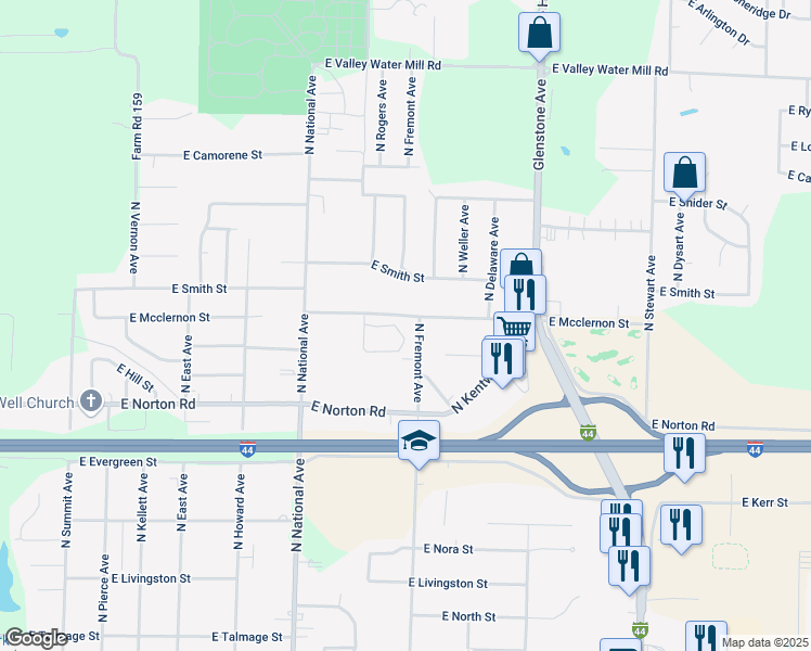 map of restaurants, bars, coffee shops, grocery stores, and more near 1356 East Mcclernon Street in Springfield