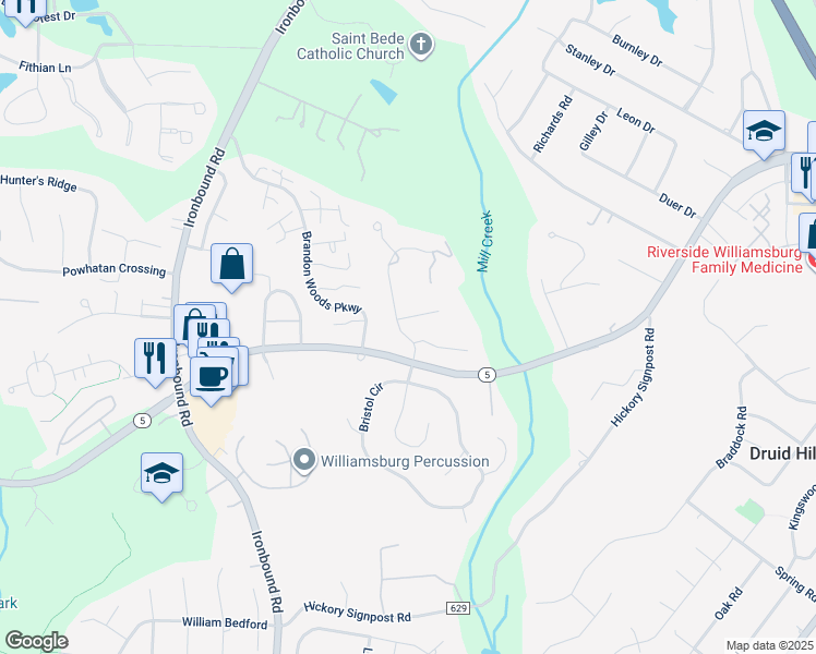 map of restaurants, bars, coffee shops, grocery stores, and more near 3302 Running Cedar Way in Williamsburg