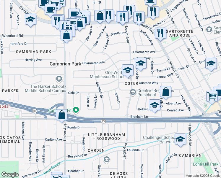 map of restaurants, bars, coffee shops, grocery stores, and more near 14633 Cole Drive in San Jose