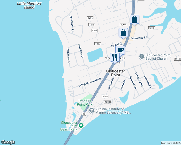 map of restaurants, bars, coffee shops, grocery stores, and more near 7455 Dehardit Avenue in Gloucester Point