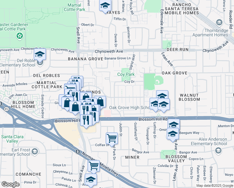 map of restaurants, bars, coffee shops, grocery stores, and more near 5496 Judith Street in San Jose