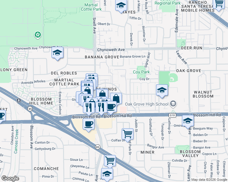 map of restaurants, bars, coffee shops, grocery stores, and more near 5482 Sean Circle in San Jose