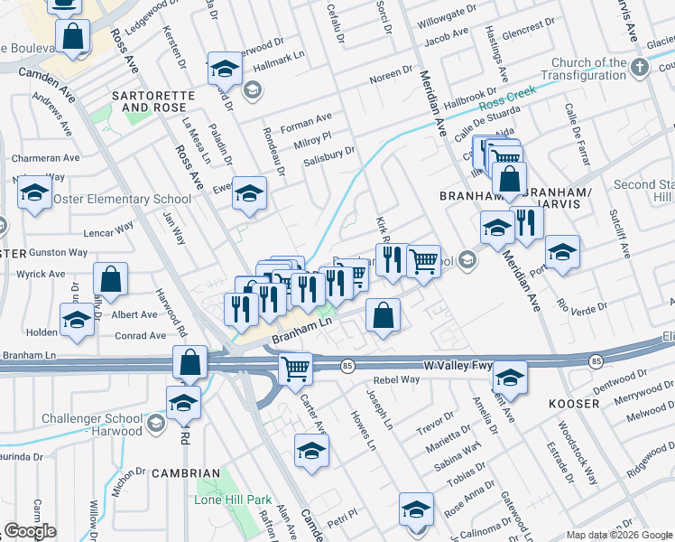 map of restaurants, bars, coffee shops, grocery stores, and more near in San Jose