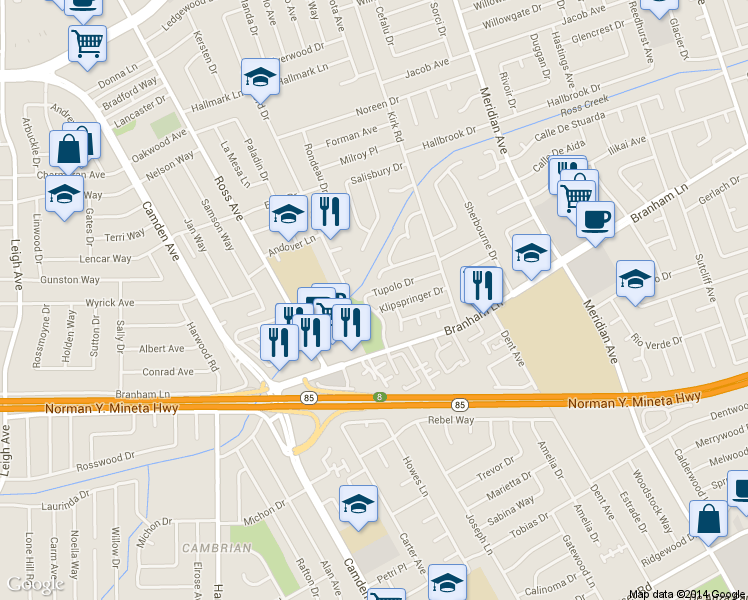 map of restaurants, bars, coffee shops, grocery stores, and more near 1680 Tupolo Drive in San Jose