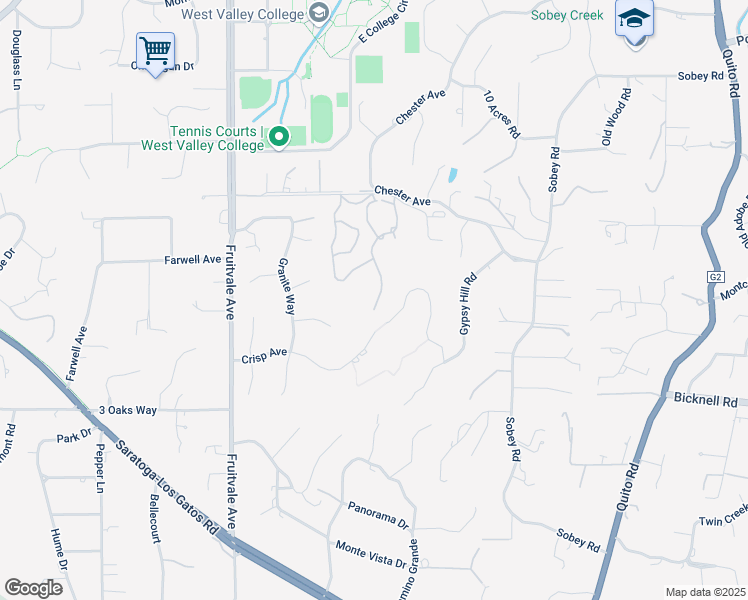 map of restaurants, bars, coffee shops, grocery stores, and more near 6149 South Cottages Lane in Saratoga