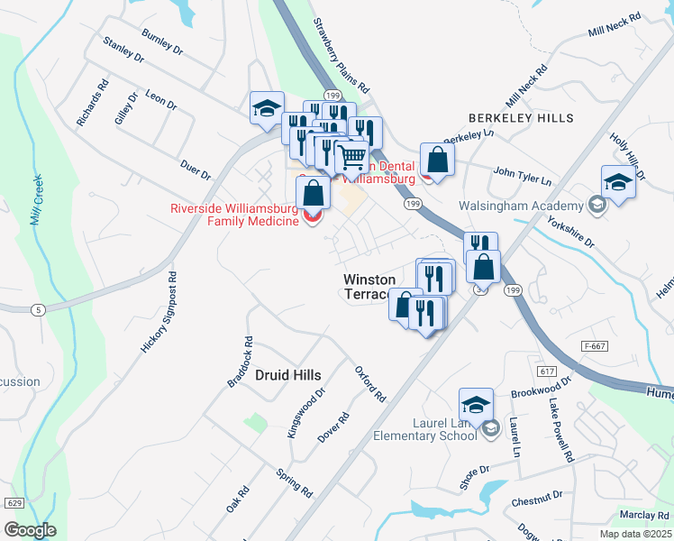 map of restaurants, bars, coffee shops, grocery stores, and more near 143 Winston Drive in Williamsburg