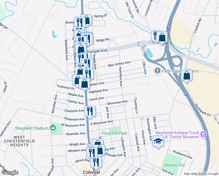 map of restaurants, bars, coffee shops, grocery stores, and more near 314 Highland Avenue in Colonial Heights