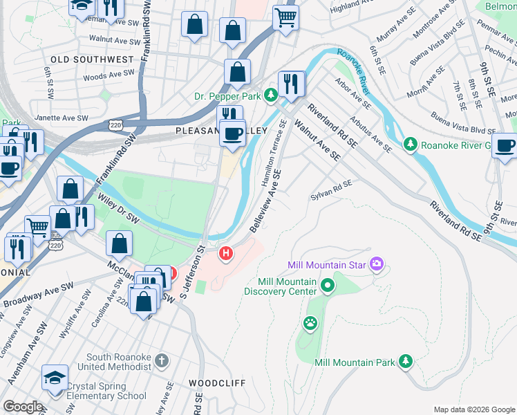map of restaurants, bars, coffee shops, grocery stores, and more near 1606 Hamilton Terrace Southeast in Roanoke