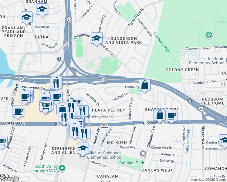 map of restaurants, bars, coffee shops, grocery stores, and more near 5512 Deep Purple Way in San Jose