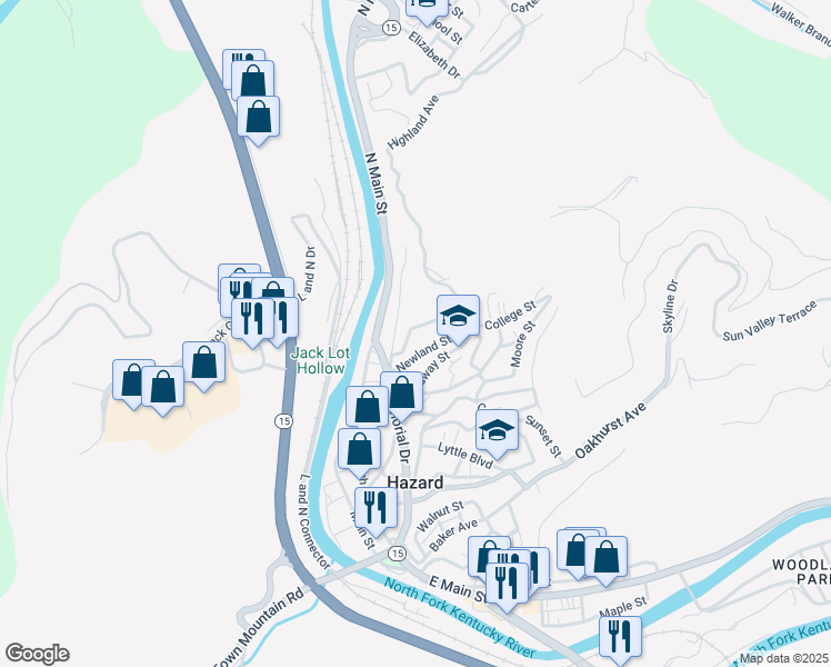map of restaurants, bars, coffee shops, grocery stores, and more near 165 Eversole Street in Hazard