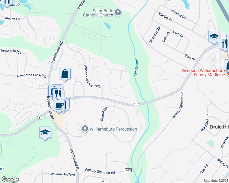 map of restaurants, bars, coffee shops, grocery stores, and more near 3302 Running Cedar Way in Williamsburg