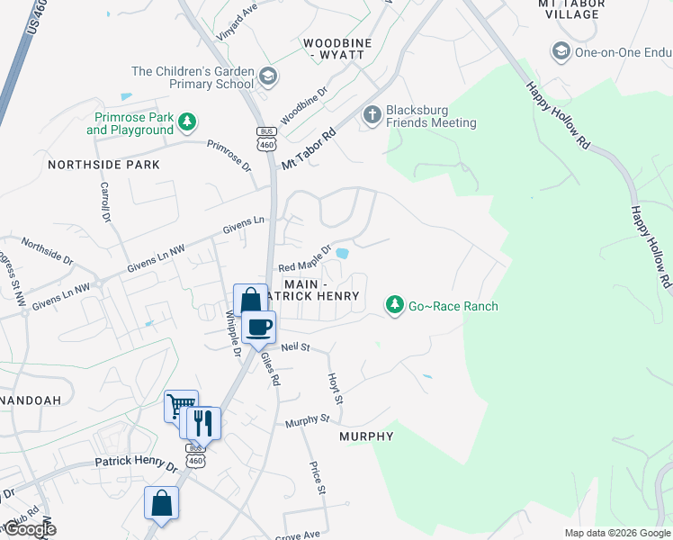 map of restaurants, bars, coffee shops, grocery stores, and more near 1710 North Main Street in Blacksburg