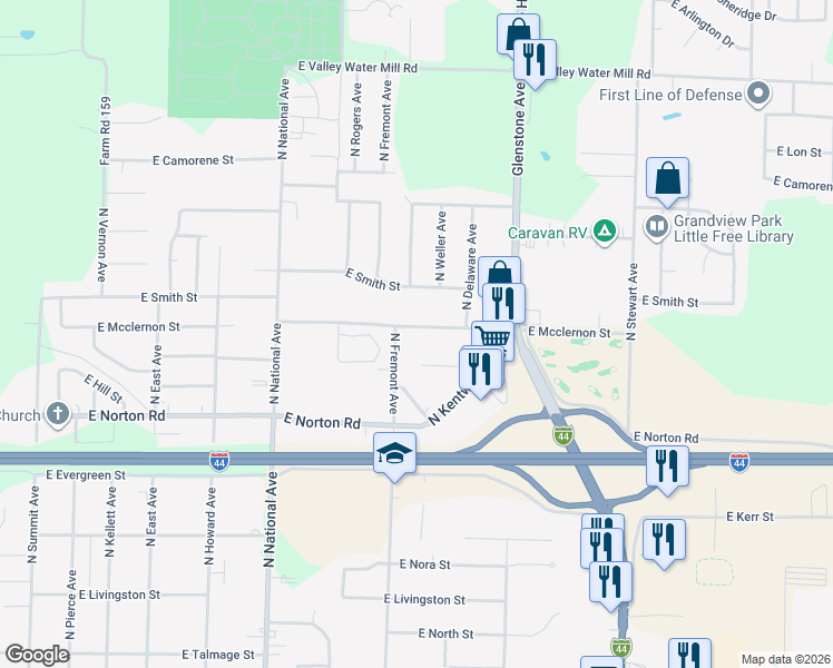 map of restaurants, bars, coffee shops, grocery stores, and more near 1438 East Mcclernon Street in Springfield