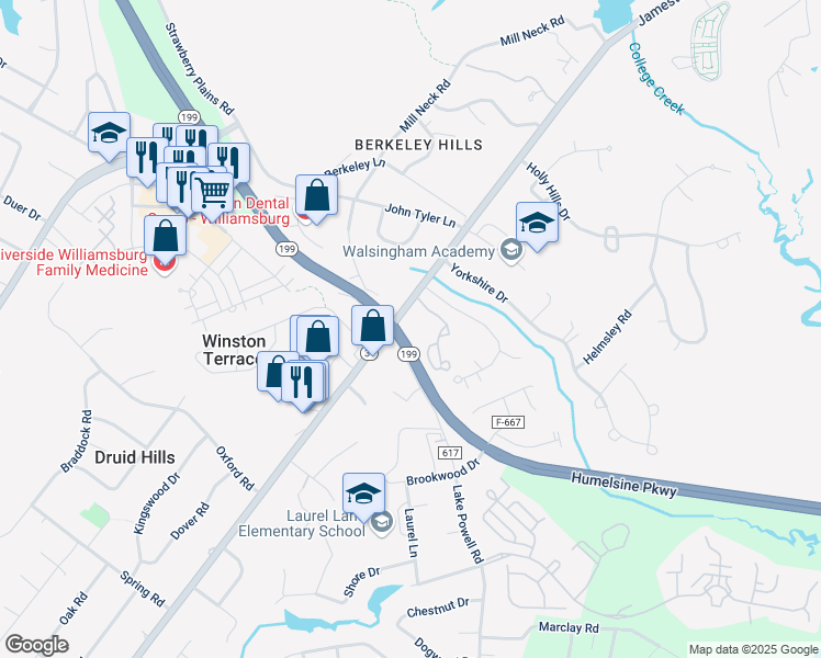 map of restaurants, bars, coffee shops, grocery stores, and more near 1186 Jamestown Rd in Williamsburg