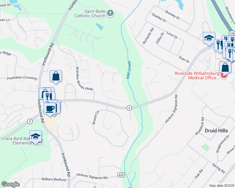 map of restaurants, bars, coffee shops, grocery stores, and more near 4706 Yarrow Court in Williamsburg