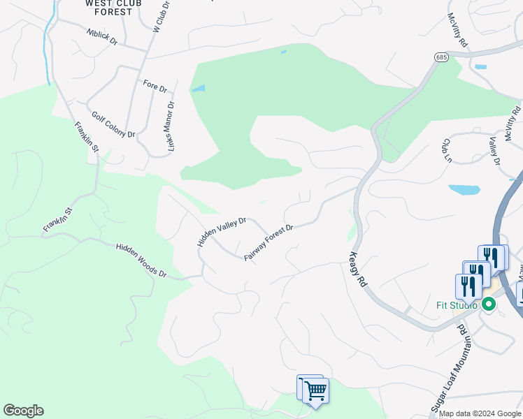 map of restaurants, bars, coffee shops, grocery stores, and more near 6133 Hidden Valley Drive in Roanoke