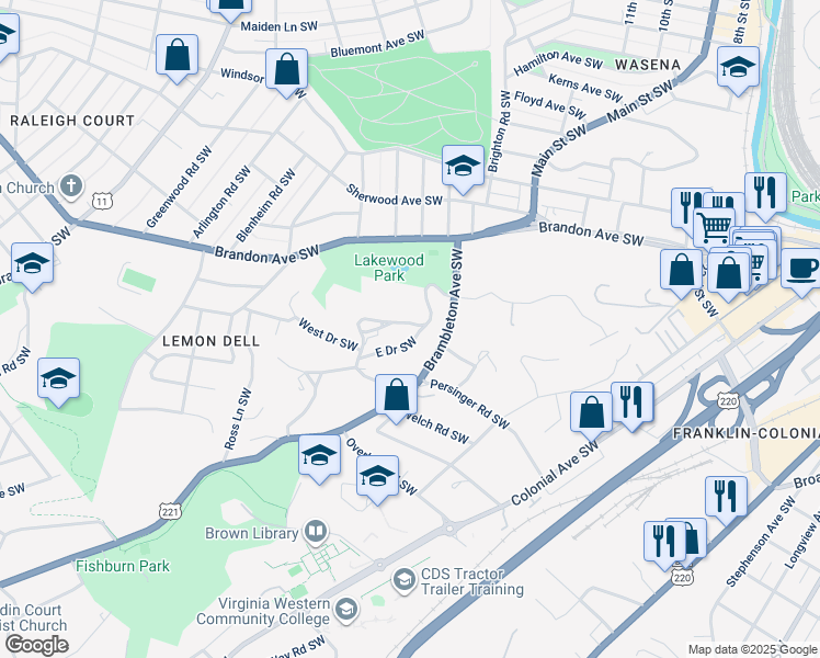 map of restaurants, bars, coffee shops, grocery stores, and more near 1310 Lakewood Drive Southwest in Roanoke