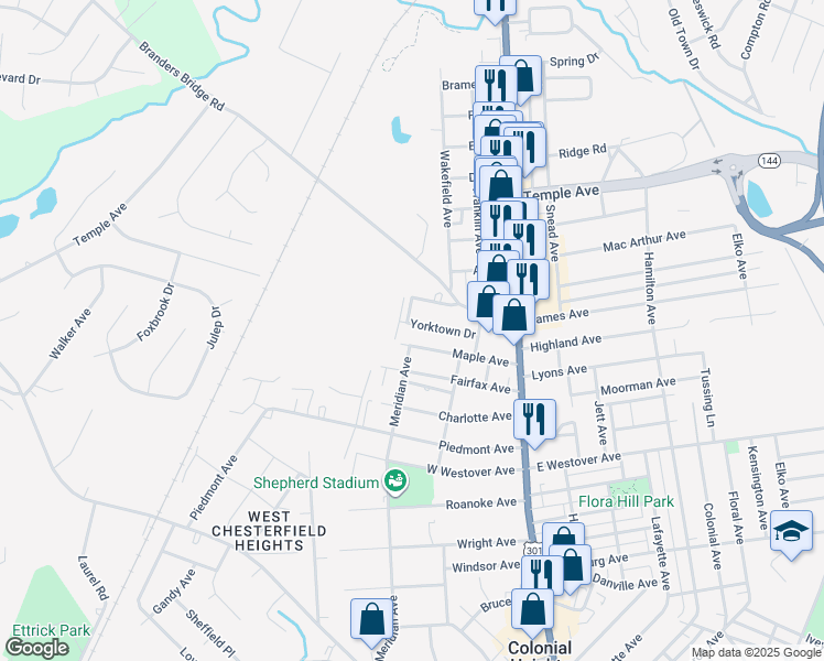 map of restaurants, bars, coffee shops, grocery stores, and more near 319 Yorktown Drive in Colonial Heights