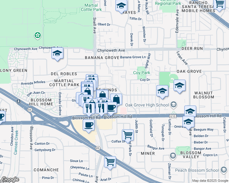 map of restaurants, bars, coffee shops, grocery stores, and more near 312 Tradewinds Drive in San Jose