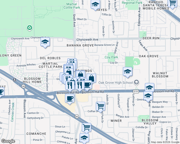 map of restaurants, bars, coffee shops, grocery stores, and more near 312 Tradewinds Drive in San Jose