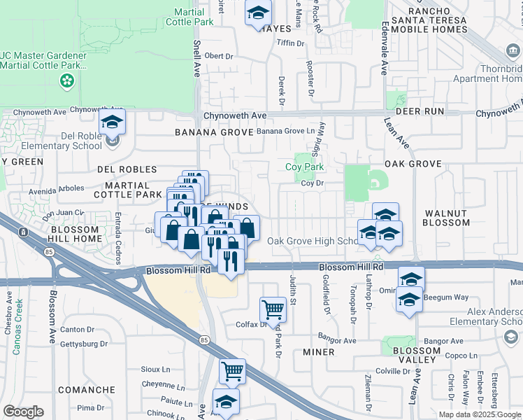 map of restaurants, bars, coffee shops, grocery stores, and more near 275 Tradewinds Drive in San Jose
