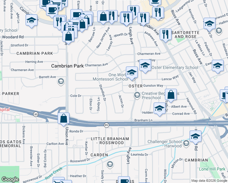 map of restaurants, bars, coffee shops, grocery stores, and more near 14633 Cole Drive in San Jose