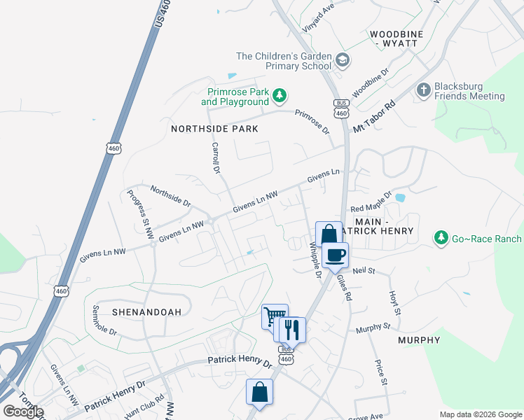 map of restaurants, bars, coffee shops, grocery stores, and more near 1731 Aden Lane in Blacksburg