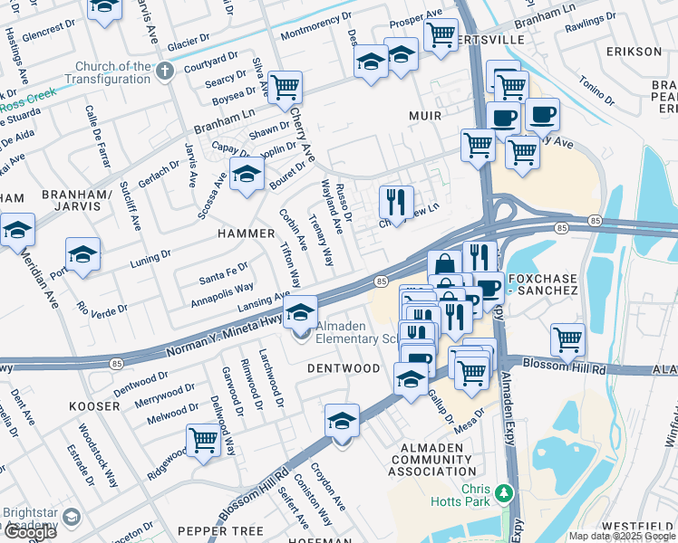 map of restaurants, bars, coffee shops, grocery stores, and more near 5098 Trenary Way in San Jose
