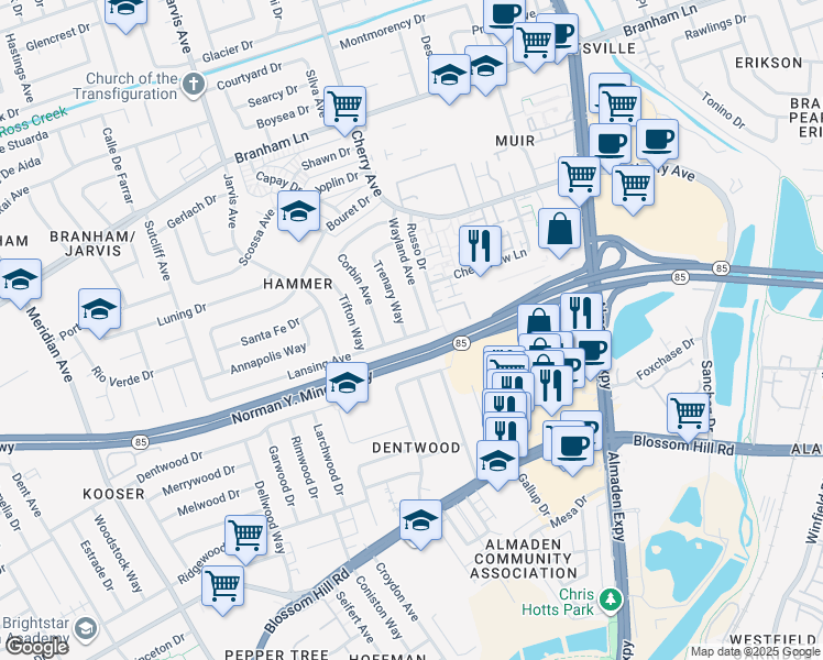 map of restaurants, bars, coffee shops, grocery stores, and more near 5098 Trenary Way in San Jose