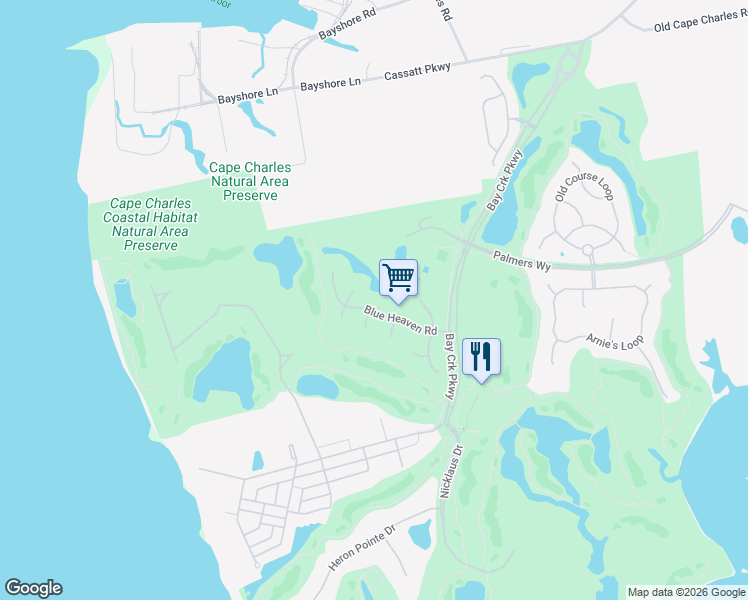 map of restaurants, bars, coffee shops, grocery stores, and more near 3 Foster Court in Cape Charles