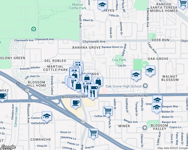 map of restaurants, bars, coffee shops, grocery stores, and more near 5482 Sean Circle in San Jose