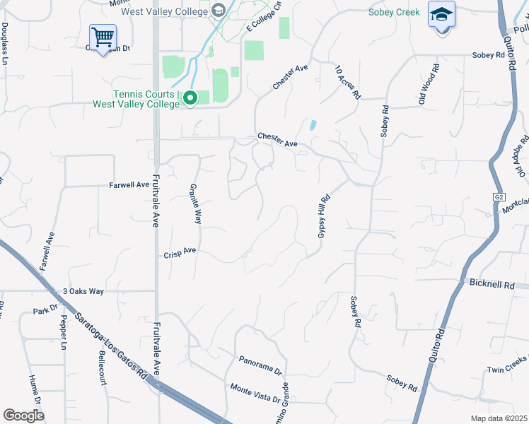 map of restaurants, bars, coffee shops, grocery stores, and more near 6149 South Cottages Lane in Saratoga
