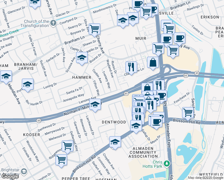 map of restaurants, bars, coffee shops, grocery stores, and more near 5098 Trenary Way in San Jose