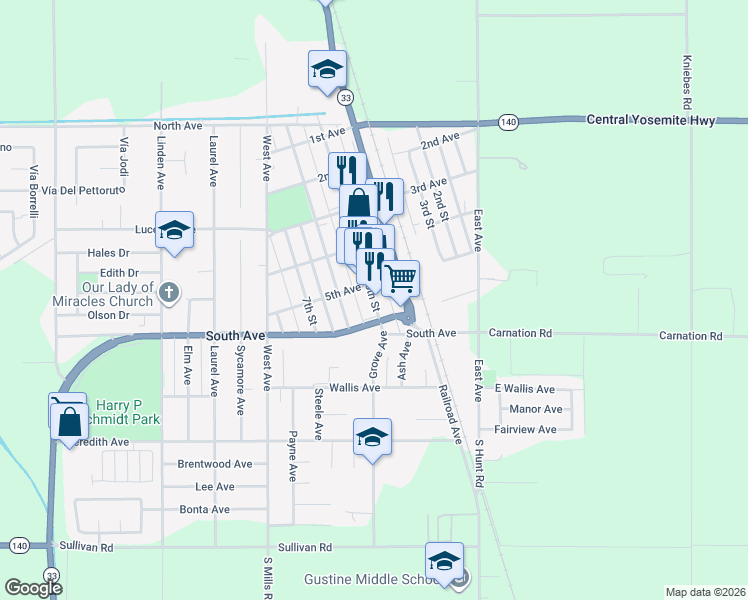 map of restaurants, bars, coffee shops, grocery stores, and more near 583 5th Street in Gustine