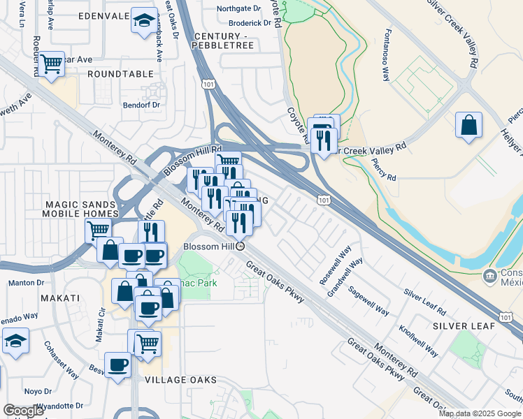 map of restaurants, bars, coffee shops, grocery stores, and more near 5560 Sun Spring Circle in San Jose