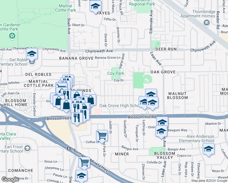 map of restaurants, bars, coffee shops, grocery stores, and more near 5491 Tyhurst Walkway in San Jose