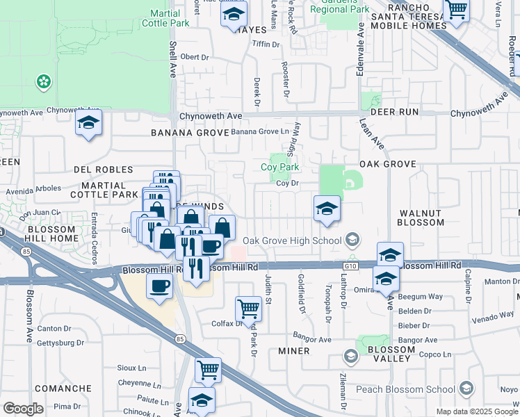map of restaurants, bars, coffee shops, grocery stores, and more near 5496 Judith Street in San Jose