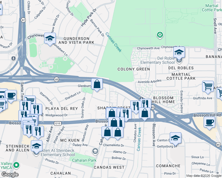 map of restaurants, bars, coffee shops, grocery stores, and more near 539 Glenburry Way in San Jose
